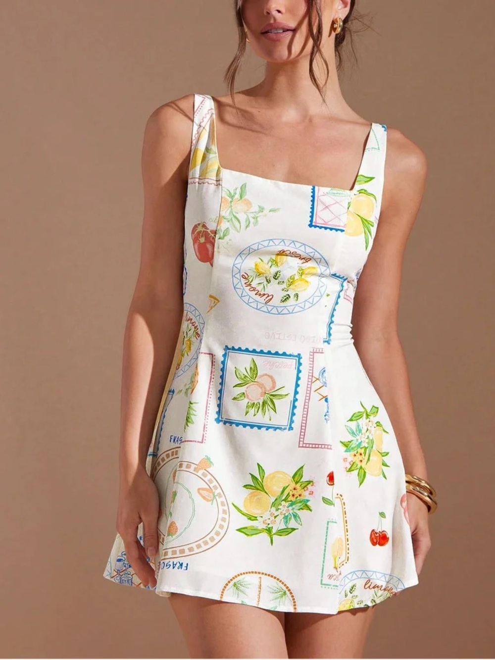 SHEIN White Square-Neck Mini Dress with Citrus & Floral Print